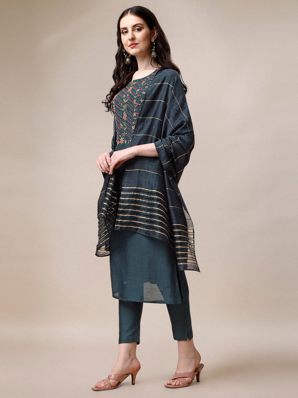 Embroidered Kurta With Pant & Dupatta Set, Multicolor - Hiral Fashion | Grocsy