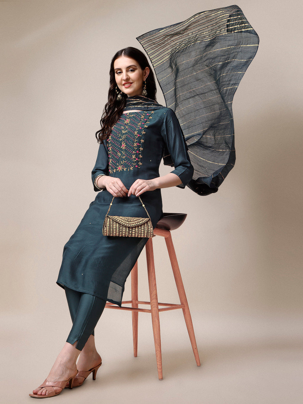 Embroidered Kurta With Pant & Dupatta Set, Multicolor - Hiral Fashion | Grocsy