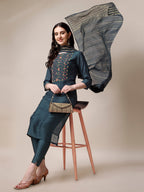 Embroidered Kurta With Pant & Dupatta Set, Multicolor - Hiral Fashion | Grocsy