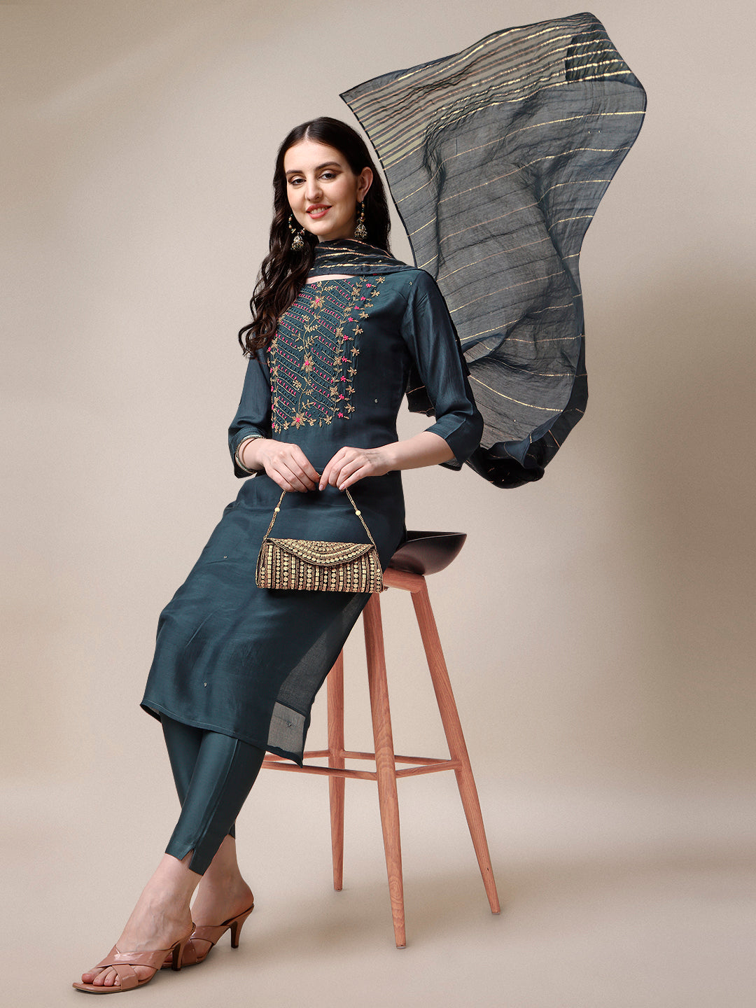 Embroidered Kurta With Pant & Dupatta Set, Multicolor - Hiral Fashion | Grocsy