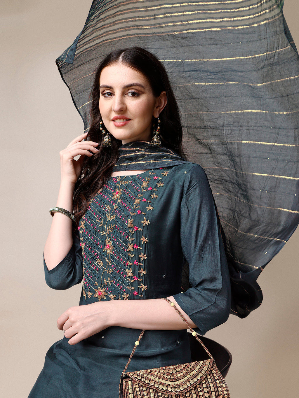Embroidered Kurta With Pant & Dupatta Set, Multicolor - Hiral Fashion | Grocsy