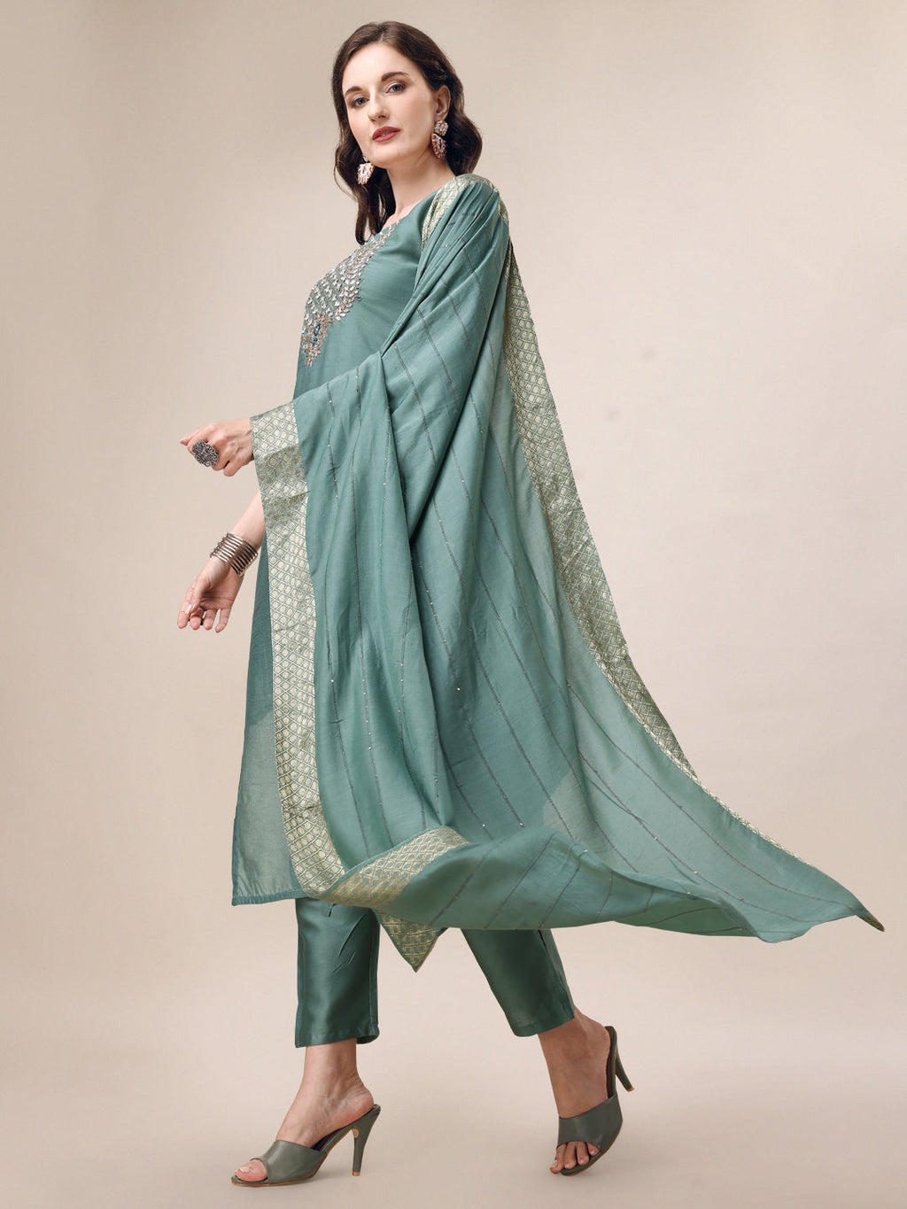 Hand Embroidered Hand Work Kurta With Pant & Dupatta Set, Multicolor - Hiral Fashion | Grocsy