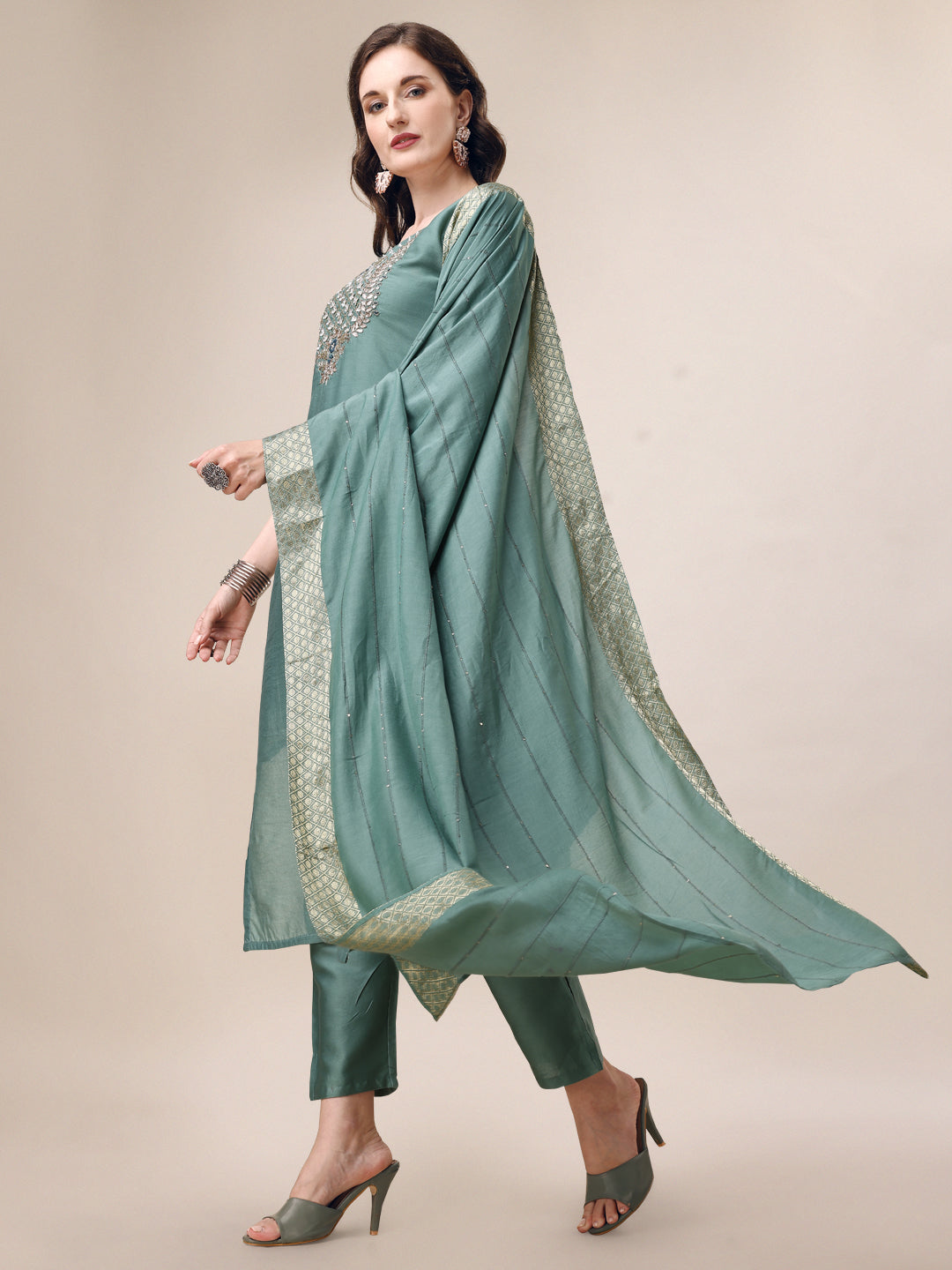 Hand Embroidered Hand Work Kurta With Pant & Dupatta Set, Multicolor - Hiral Fashion | Grocsy