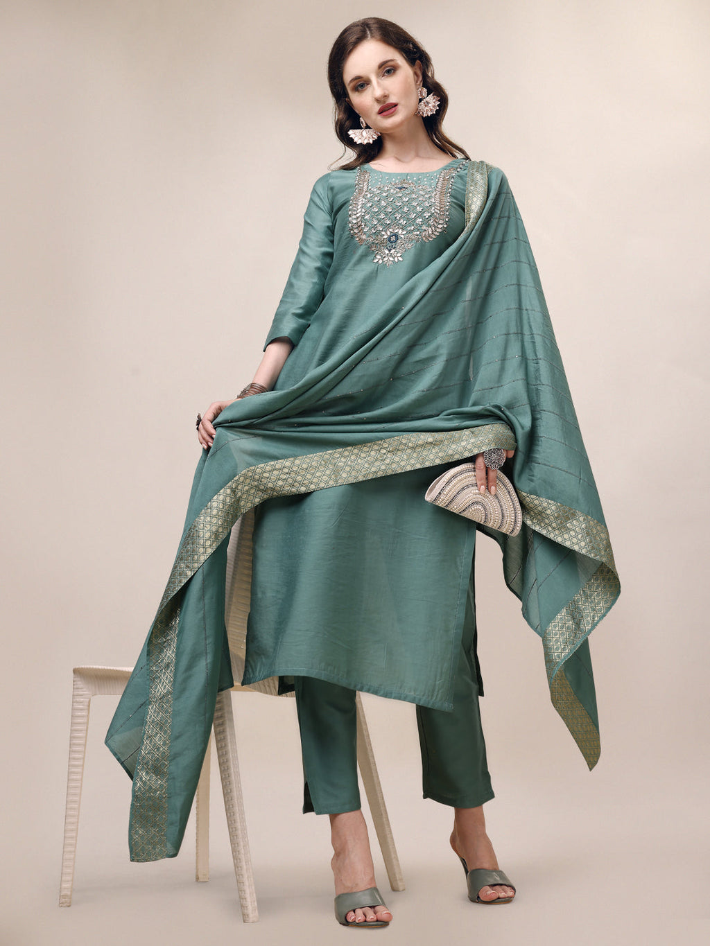 Hand Embroidered Hand Work Kurta With Pant & Dupatta Set, Multicolor - Hiral Fashion | Grocsy