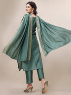Hand Embroidered Hand Work Kurta With Pant & Dupatta Set, Multicolor - Hiral Fashion | Grocsy
