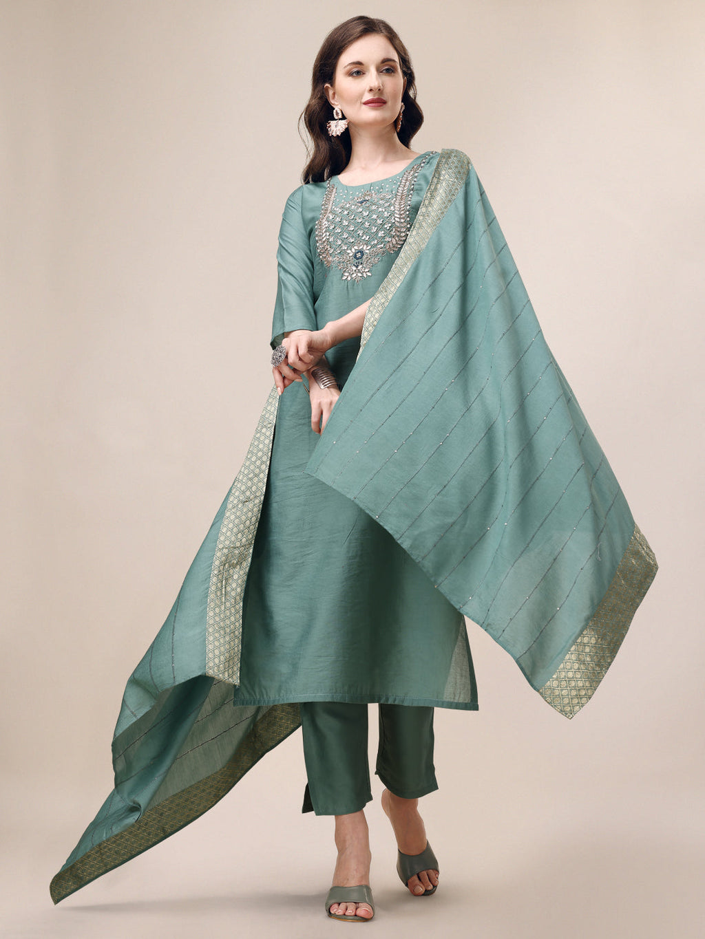 Hand Embroidered Hand Work Kurta With Pant & Dupatta Set, Multicolor - Hiral Fashion | Grocsy