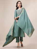 Hand Embroidered Hand Work Kurta With Pant & Dupatta Set, Multicolor - Hiral Fashion | Grocsy