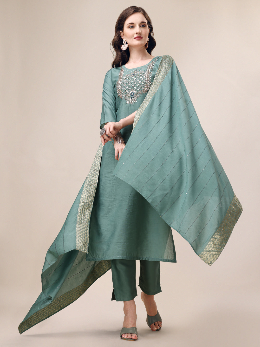 Hand Embroidered Hand Work Kurta With Pant & Dupatta Set, Multicolor - Hiral Fashion | Grocsy