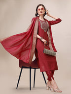 Hand Embroidered Kurta With Pant & Dupatta Set, Multicolor - Hiral Fashion | Grocsy