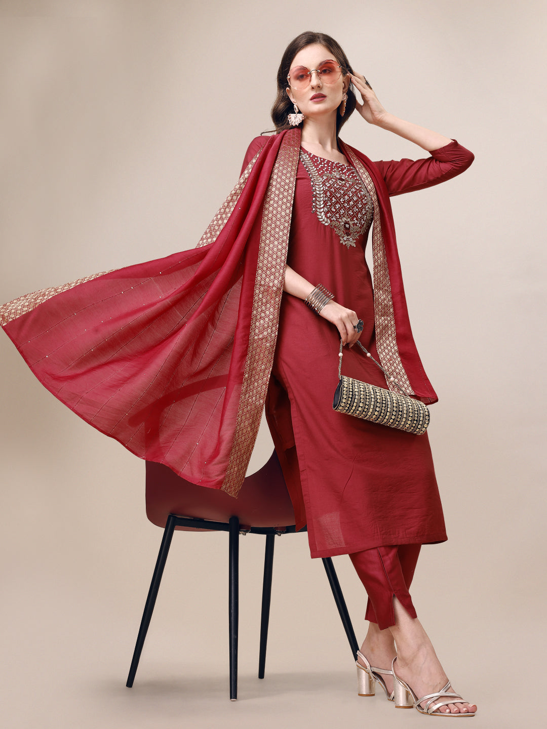 Hand Embroidered Kurta With Pant & Dupatta Set, Multicolor - Hiral Fashion | Grocsy