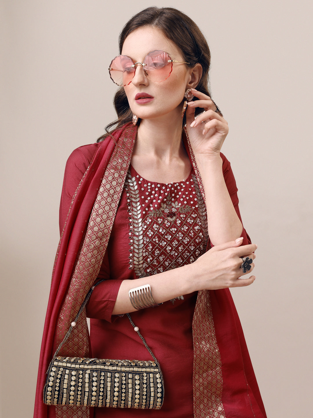 Hand Embroidered Kurta With Pant & Dupatta Set, Multicolor - Hiral Fashion | Grocsy