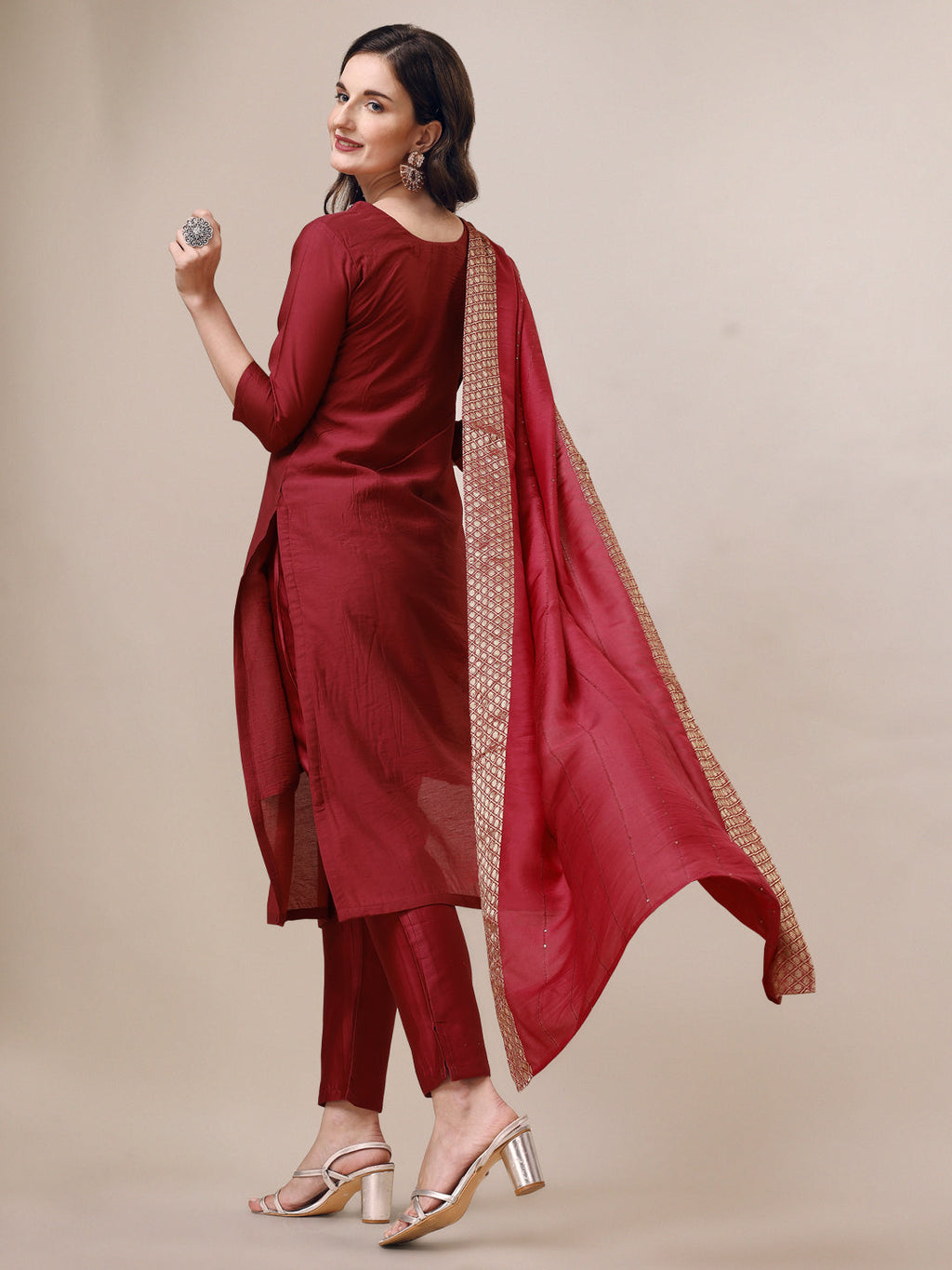Hand Embroidered Kurta With Pant & Dupatta Set, Multicolor - Hiral Fashion | Grocsy