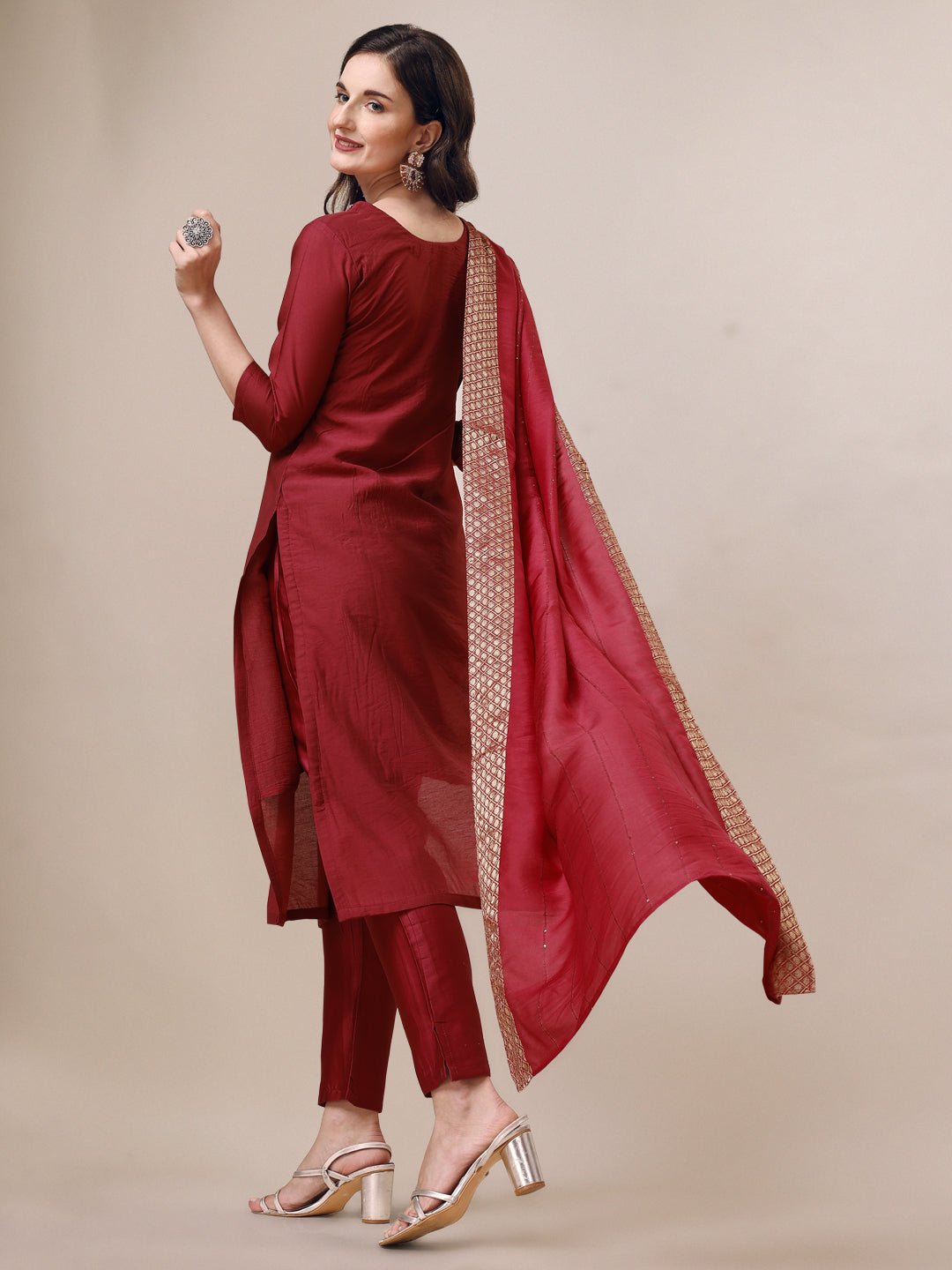 Hand Embroidered Kurta With Pant & Dupatta Set, Multicolor - Hiral Fashion | Grocsy
