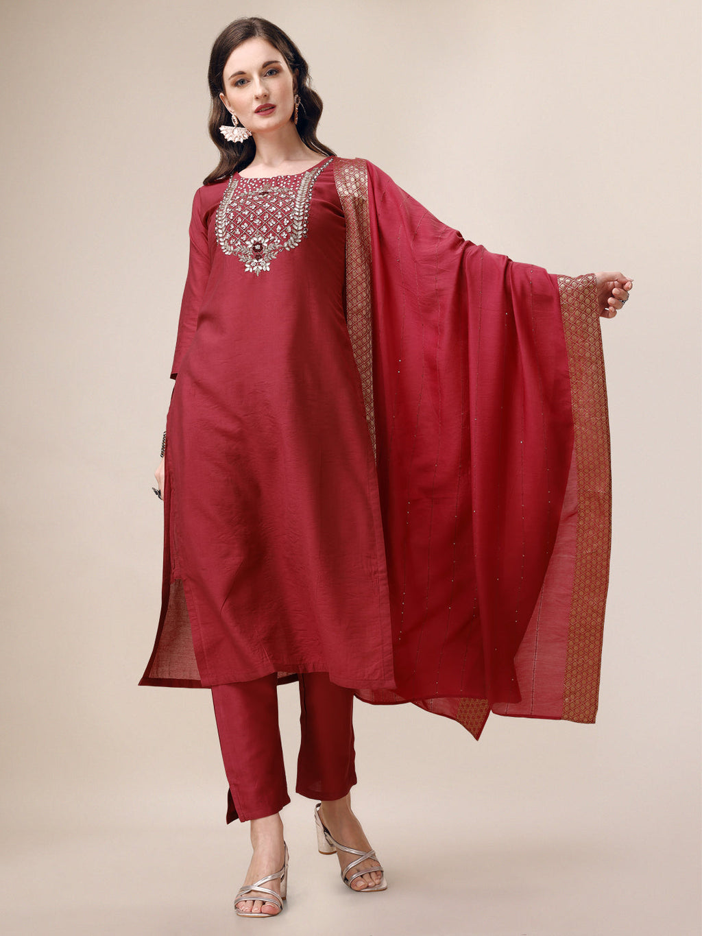Hand Embroidered Kurta With Pant & Dupatta Set, Multicolor - Hiral Fashion | Grocsy