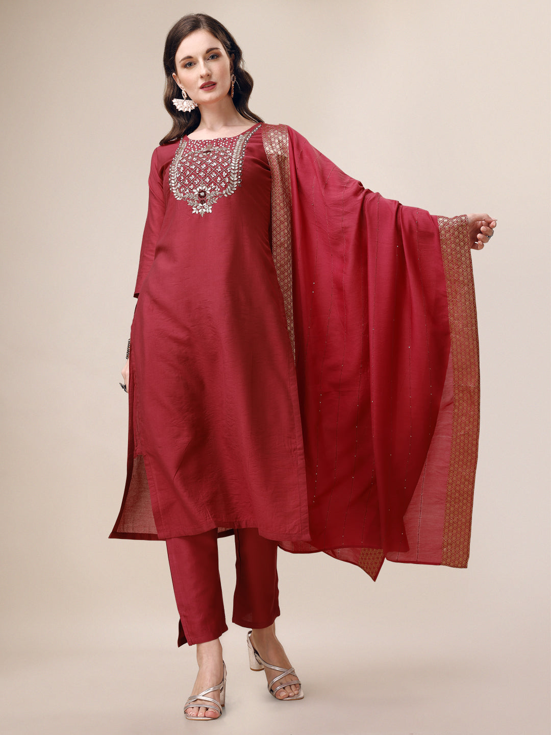 Hand Embroidered Kurta With Pant & Dupatta Set, Multicolor - Hiral Fashion | Grocsy