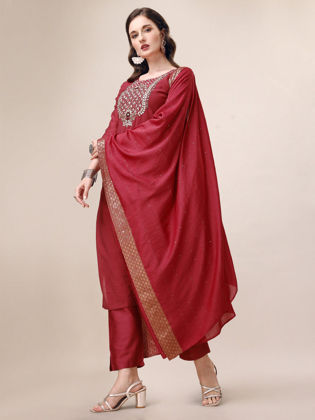 Hand Embroidered Kurta With Pant & Dupatta Set, Multicolor - Hiral Fashion | Grocsy