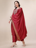 Hand Embroidered Kurta With Pant & Dupatta Set, Multicolor - Hiral Fashion | Grocsy