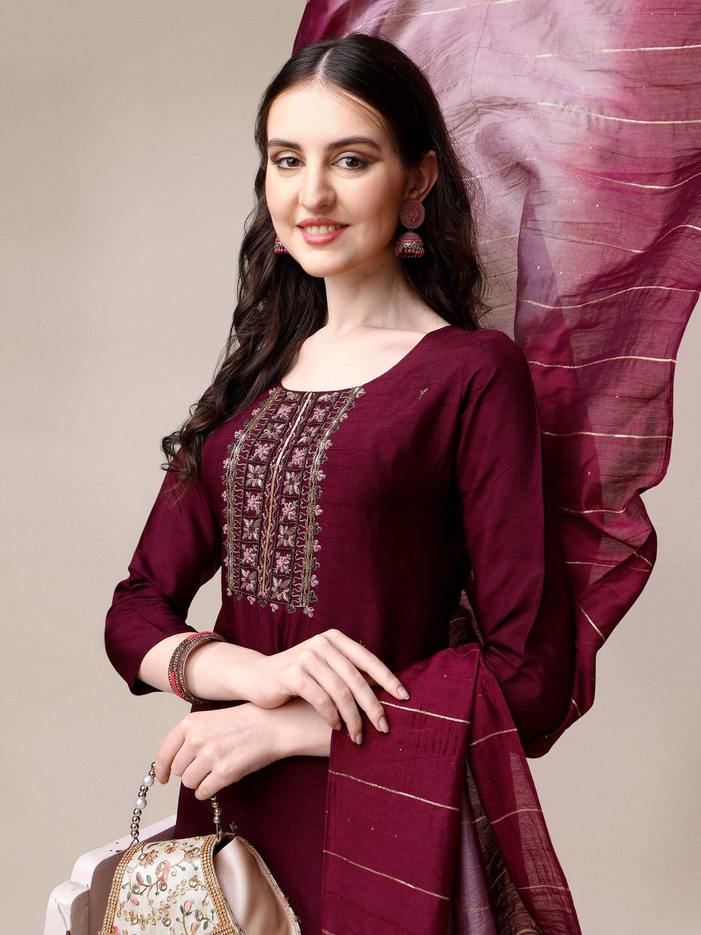 Embroidered Kurta With Pant & Dupatta Set, Multicolor - Hiral Fashion | Grocsy