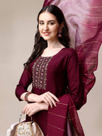Embroidered Kurta With Pant & Dupatta Set, Multicolor - Hiral Fashion | Grocsy