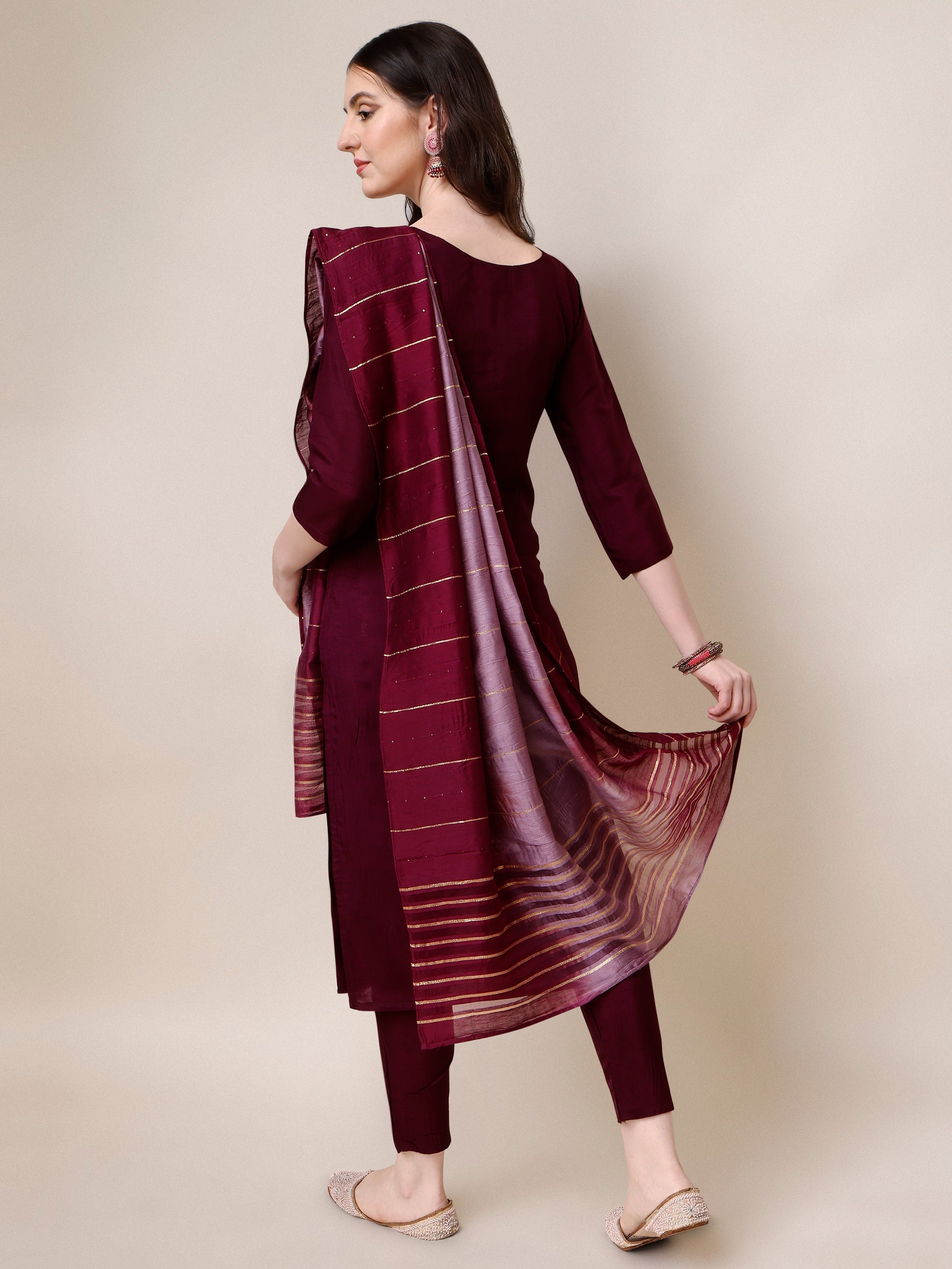 Embroidered Kurta With Pant & Dupatta Set, Multicolor - Hiral Fashion | Grocsy