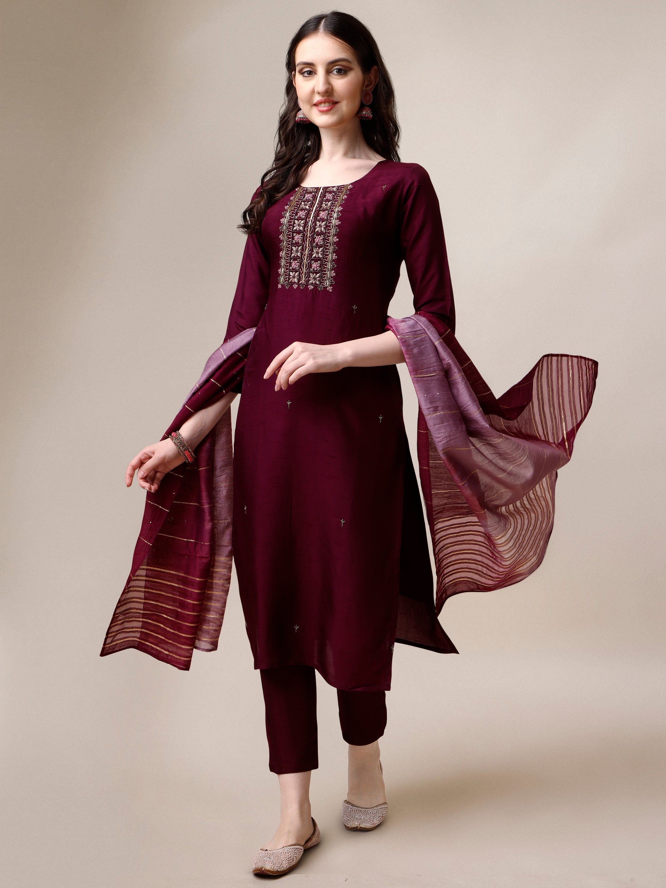 Embroidered Kurta With Pant & Dupatta Set, Multicolor - Hiral Fashion | Grocsy