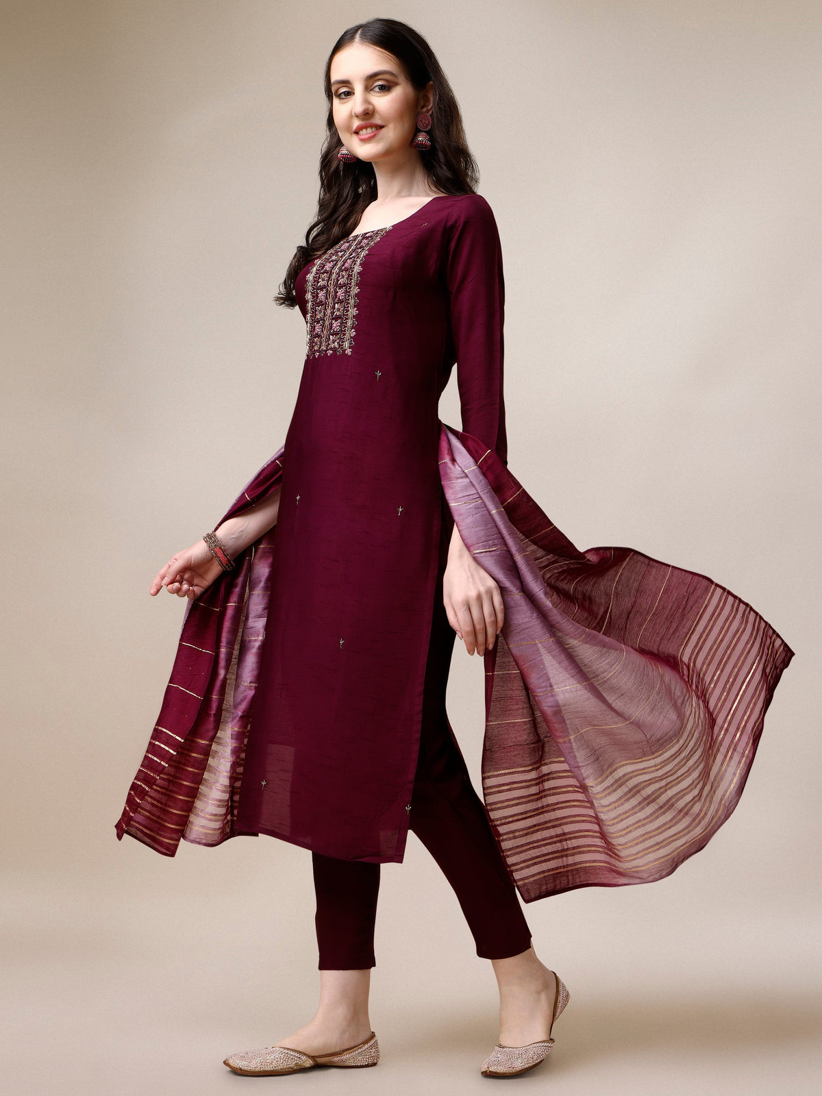Embroidered Kurta With Pant & Dupatta Set, Multicolor - Hiral Fashion | Grocsy