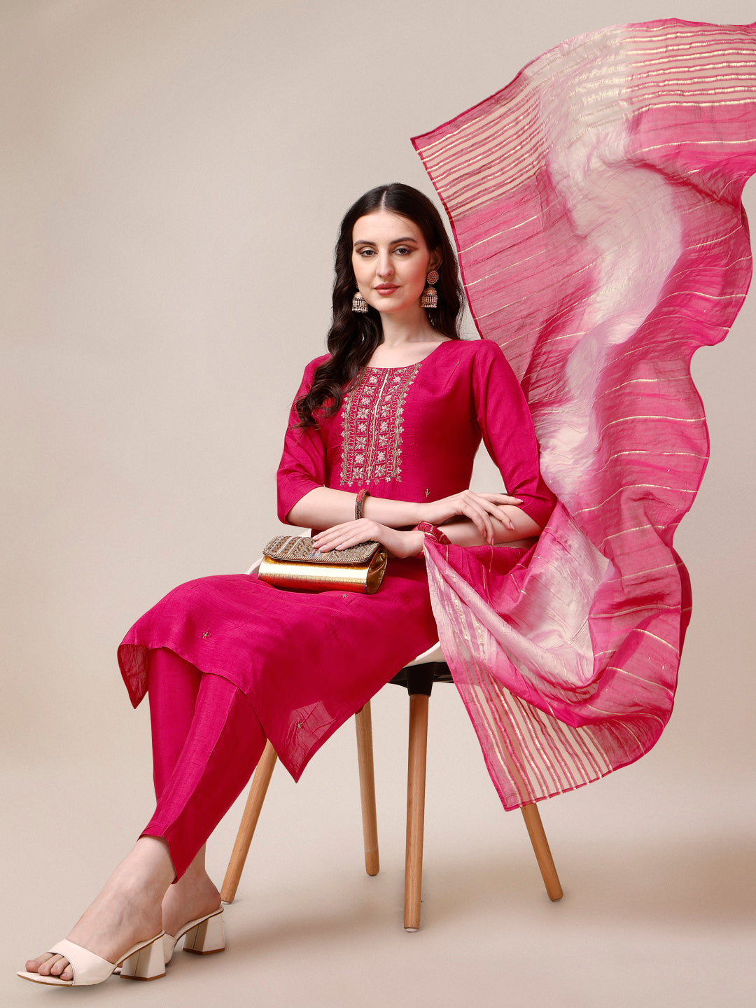 Embroidered Kurta With Pant & Dupatta Set, Multicolor - Hiral Fashion | Grocsy