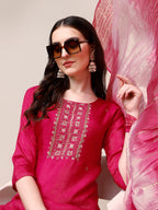 Embroidered Kurta With Pant & Dupatta Set, Multicolor - Hiral Fashion | Grocsy
