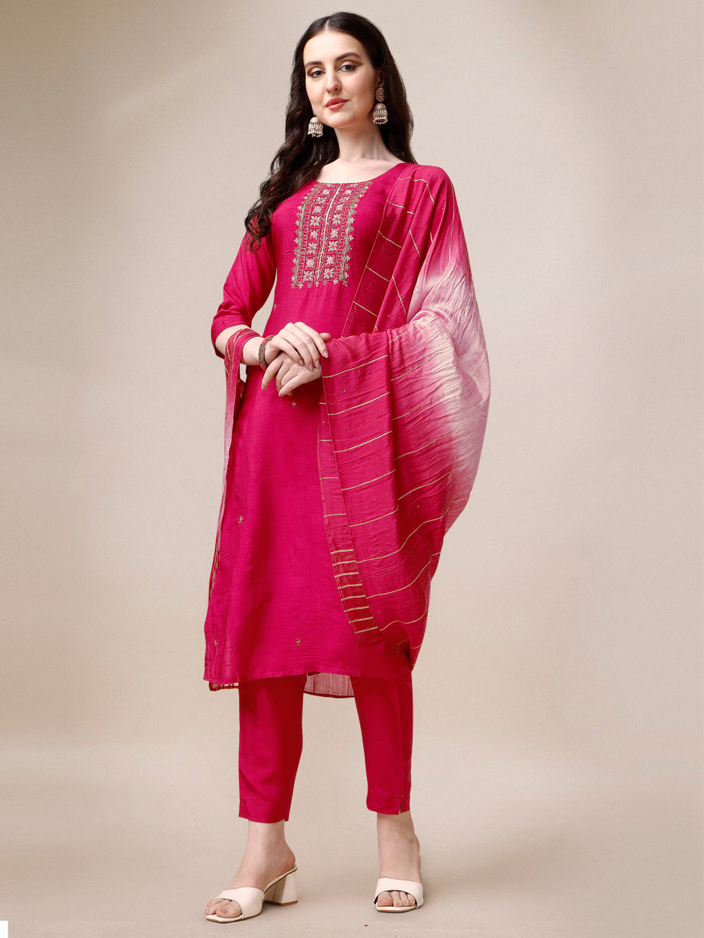 Embroidered Kurta With Pant & Dupatta Set, Multicolor - Hiral Fashion | Grocsy