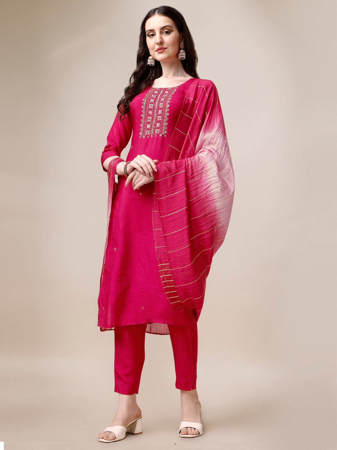 Embroidered Kurta With Pant & Dupatta Set, Multicolor - Hiral Fashion | Grocsy