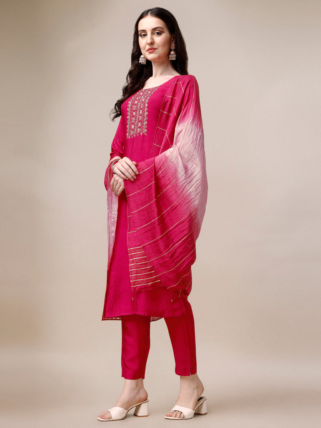 Embroidered Kurta With Pant & Dupatta Set, Multicolor - Hiral Fashion | Grocsy