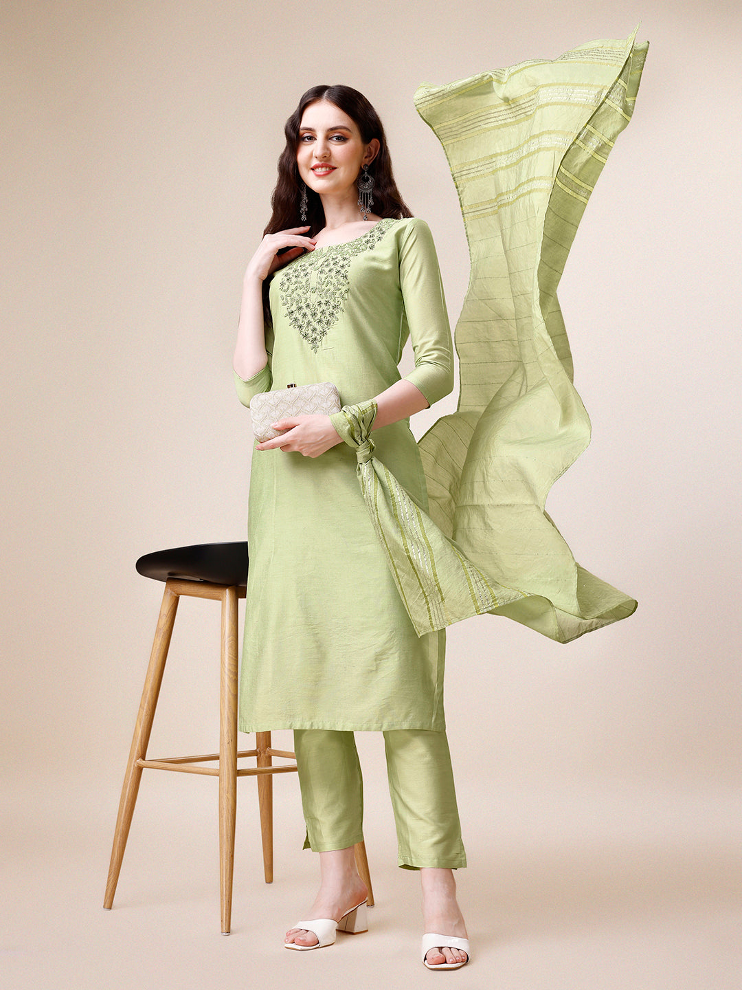 Embroidered Kurta With Pant And Dupatta Set, Multicolor - Hiral Fashion | Grocsy