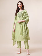 Embroidered Kurta With Pant And Dupatta Set, Multicolor - Hiral Fashion | Grocsy