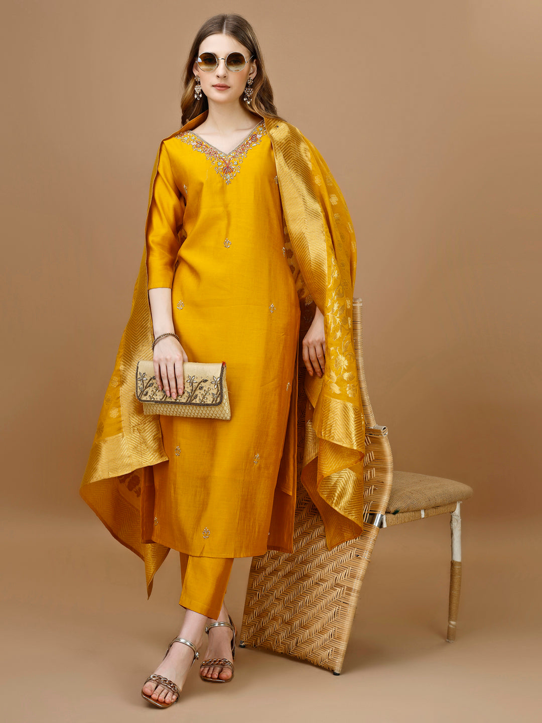 Hand Embroidered Kurta With Pant & Banarasi Dupatta Premium, Multicolor - Hiral Fashion | Grocsy