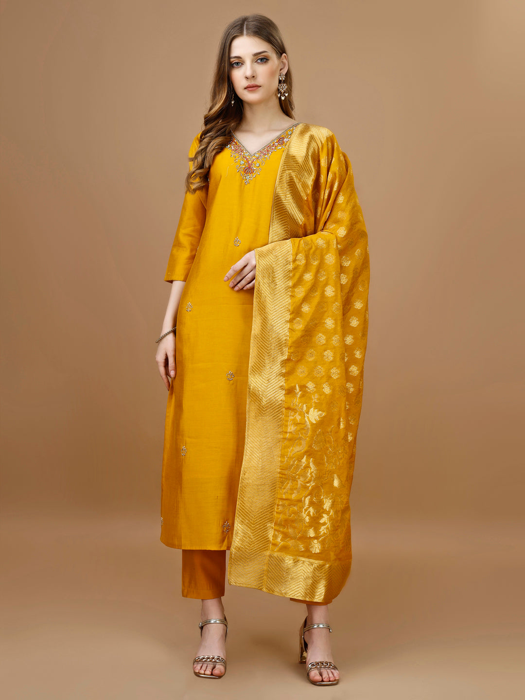 Hand Embroidered Kurta With Pant & Banarasi Dupatta Premium, Multicolor - Hiral Fashion | Grocsy