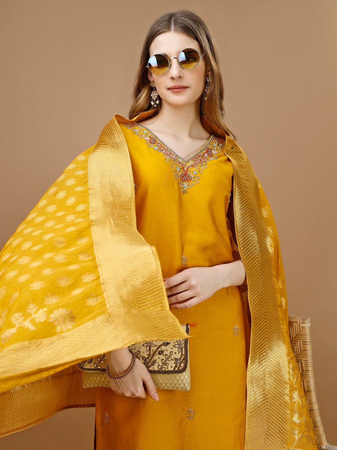 Hand Embroidered Kurta With Pant & Banarasi Dupatta Premium, Multicolor - Hiral Fashion | Grocsy