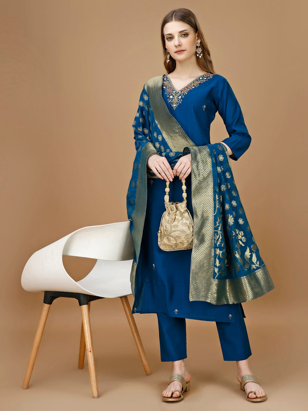 Hand Embroidered Kurta With Pant & Banarasi Dupatta Premium, Multicolor - Hiral Fashion | Grocsy