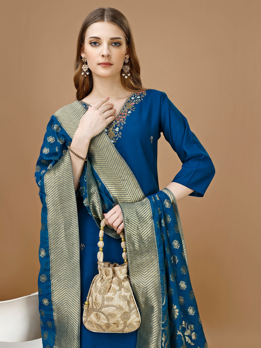 Hand Embroidered Kurta With Pant & Banarasi Dupatta Premium, Multicolor - Hiral Fashion | Grocsy