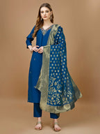 Hand Embroidered Kurta With Pant & Banarasi Dupatta Premium, Multicolor - Hiral Fashion | Grocsy