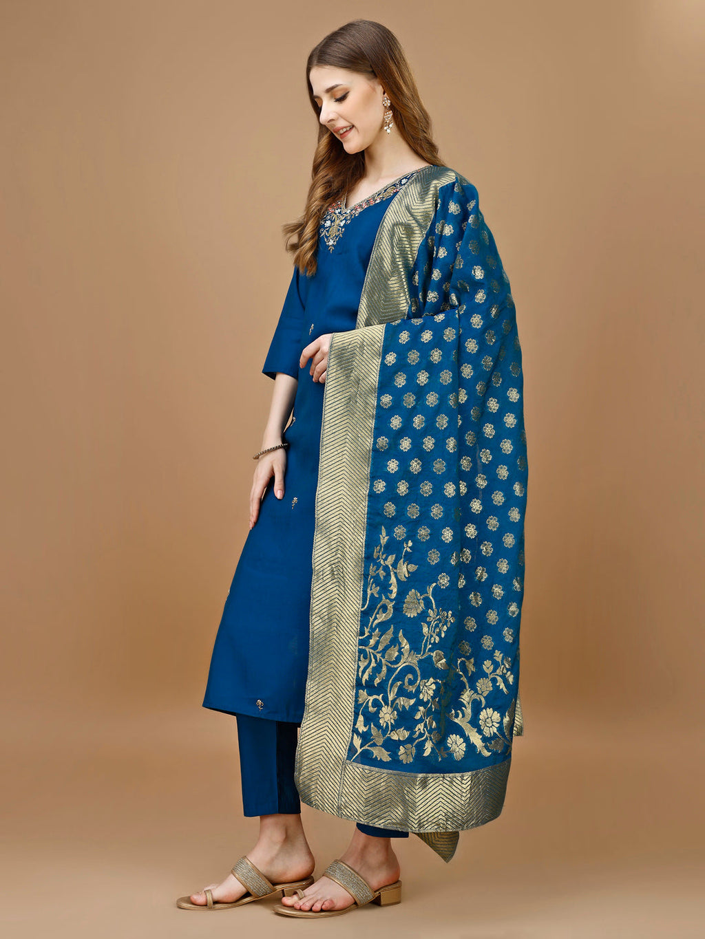 Hand Embroidered Kurta With Pant & Banarasi Dupatta Premium, Multicolor - Hiral Fashion | Grocsy