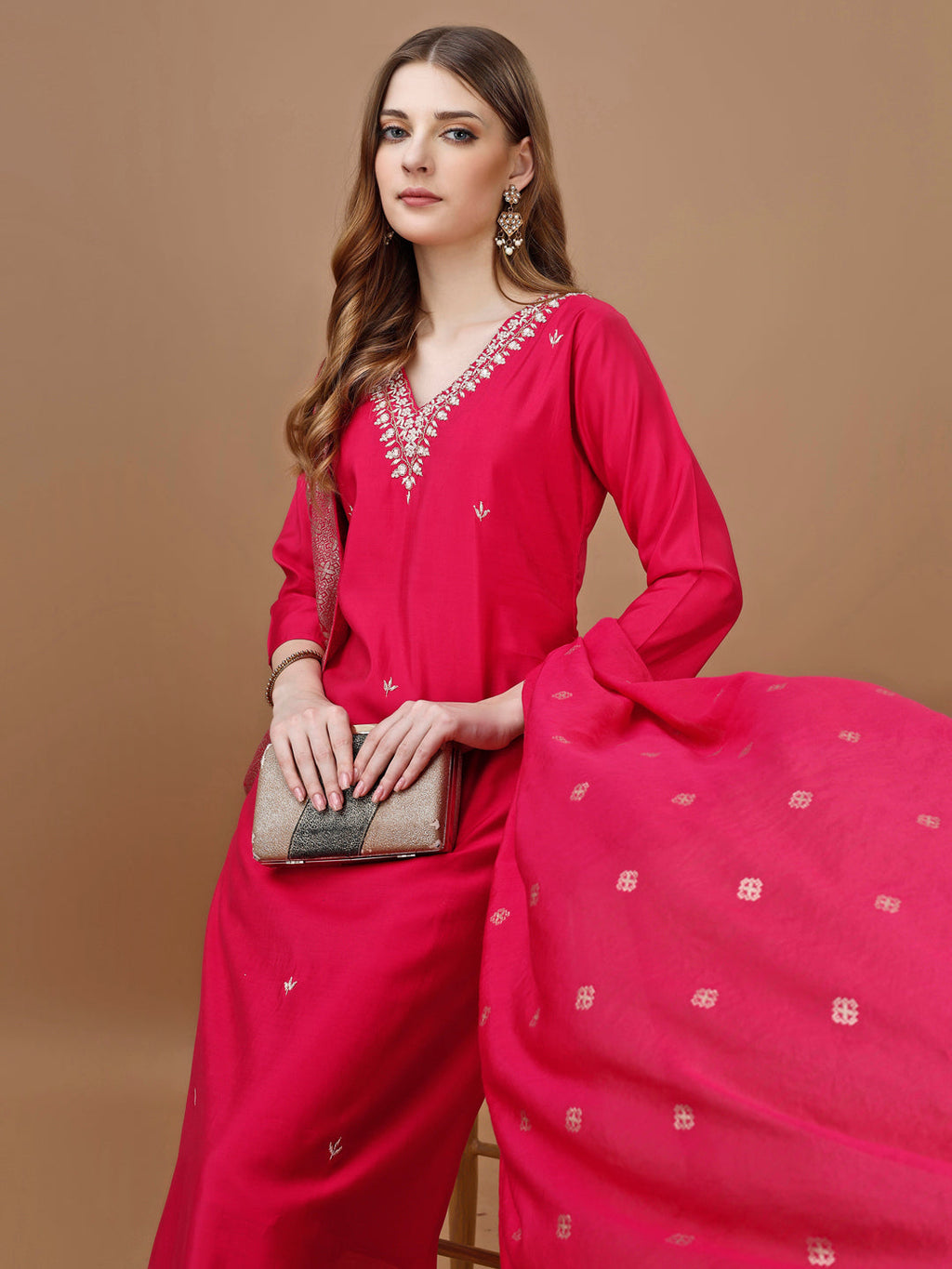 Hand Embroidered Kurta With Pant & Banarasi Dupatta Premium, Multicolor - Hiral Fashion | Grocsy