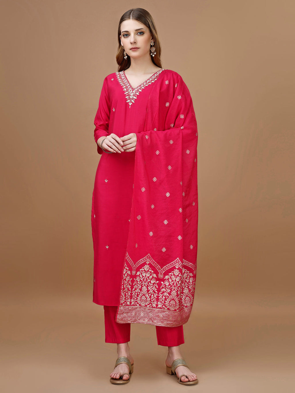 Hand Embroidered Kurta With Pant & Banarasi Dupatta Premium, Multicolor - Hiral Fashion | Grocsy