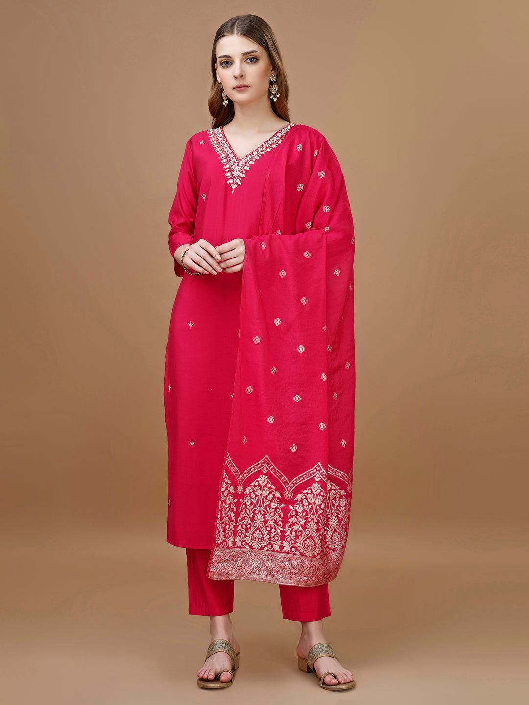 Hand Embroidered Kurta With Pant & Banarasi Dupatta Premium, Multicolor - Hiral Fashion | Grocsy