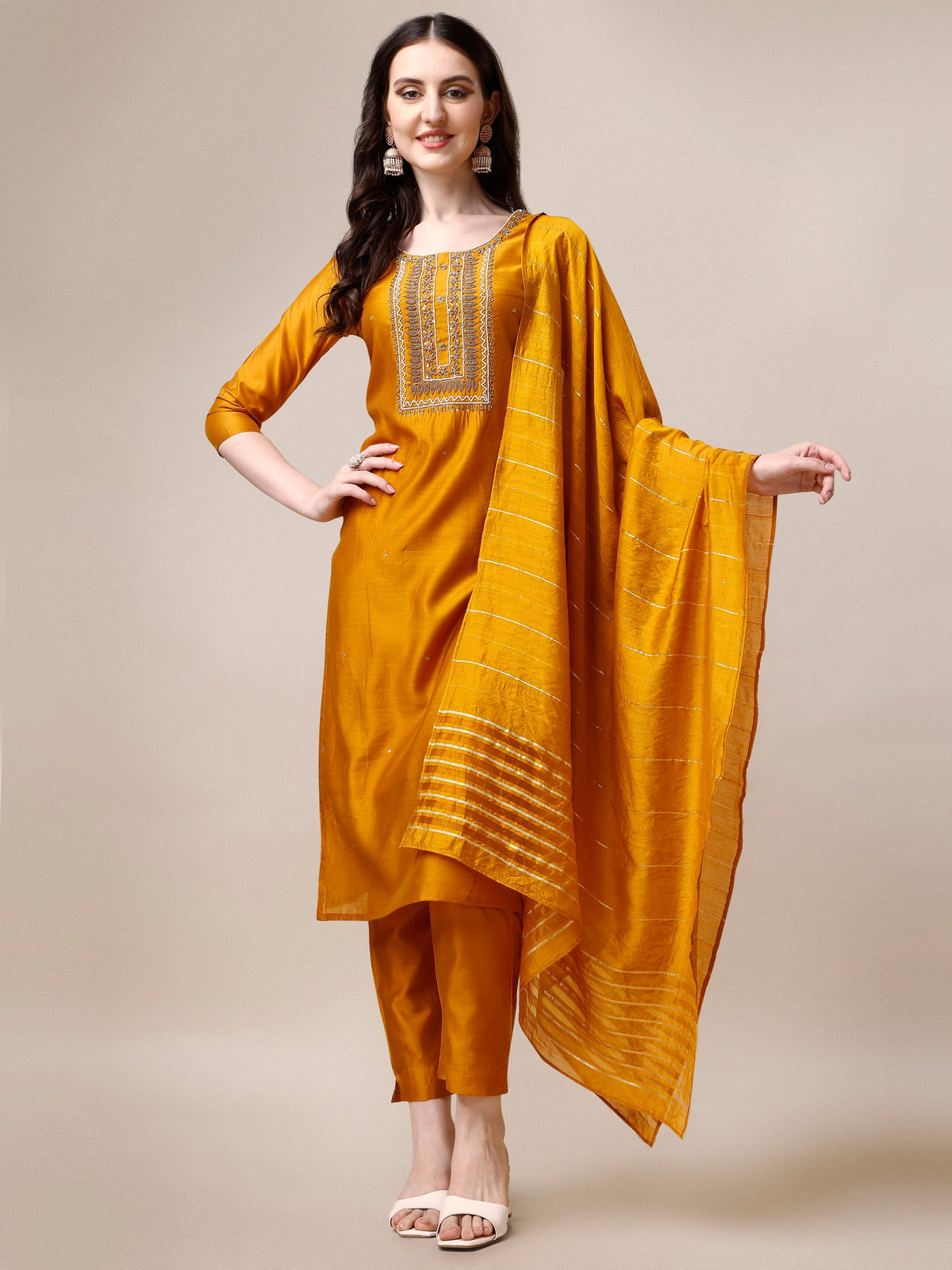Hand Embroidered Kurta With Pant And Dupatta Set, Multicolor - Hiral Fashion | Grocsy