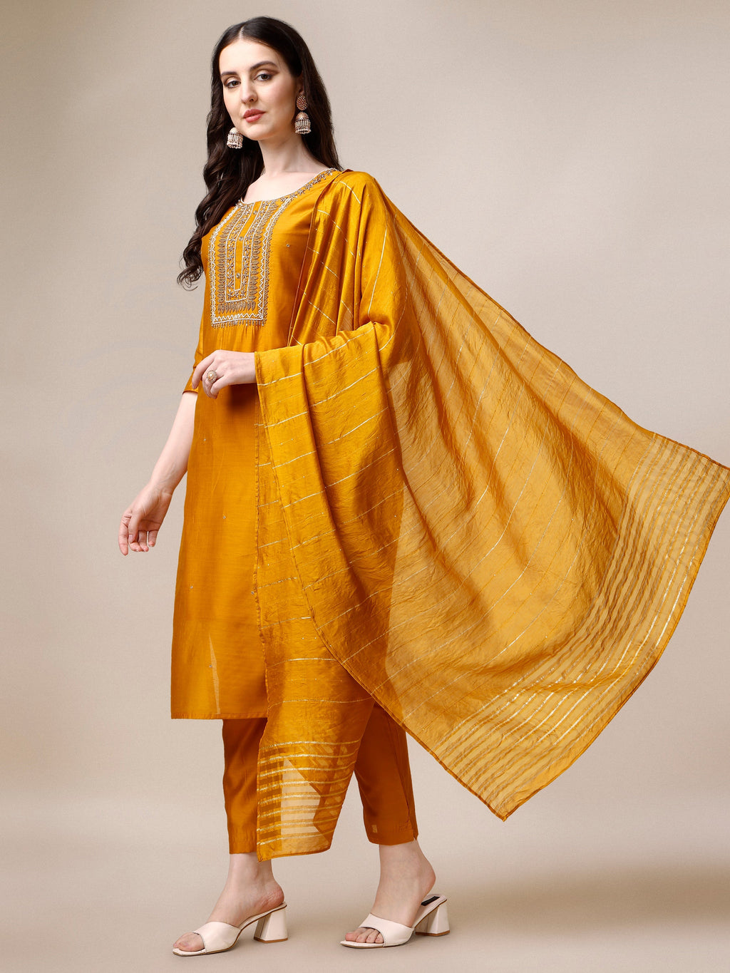 Hand Embroidered Kurta With Pant And Dupatta Set, Multicolor - Hiral Fashion | Grocsy