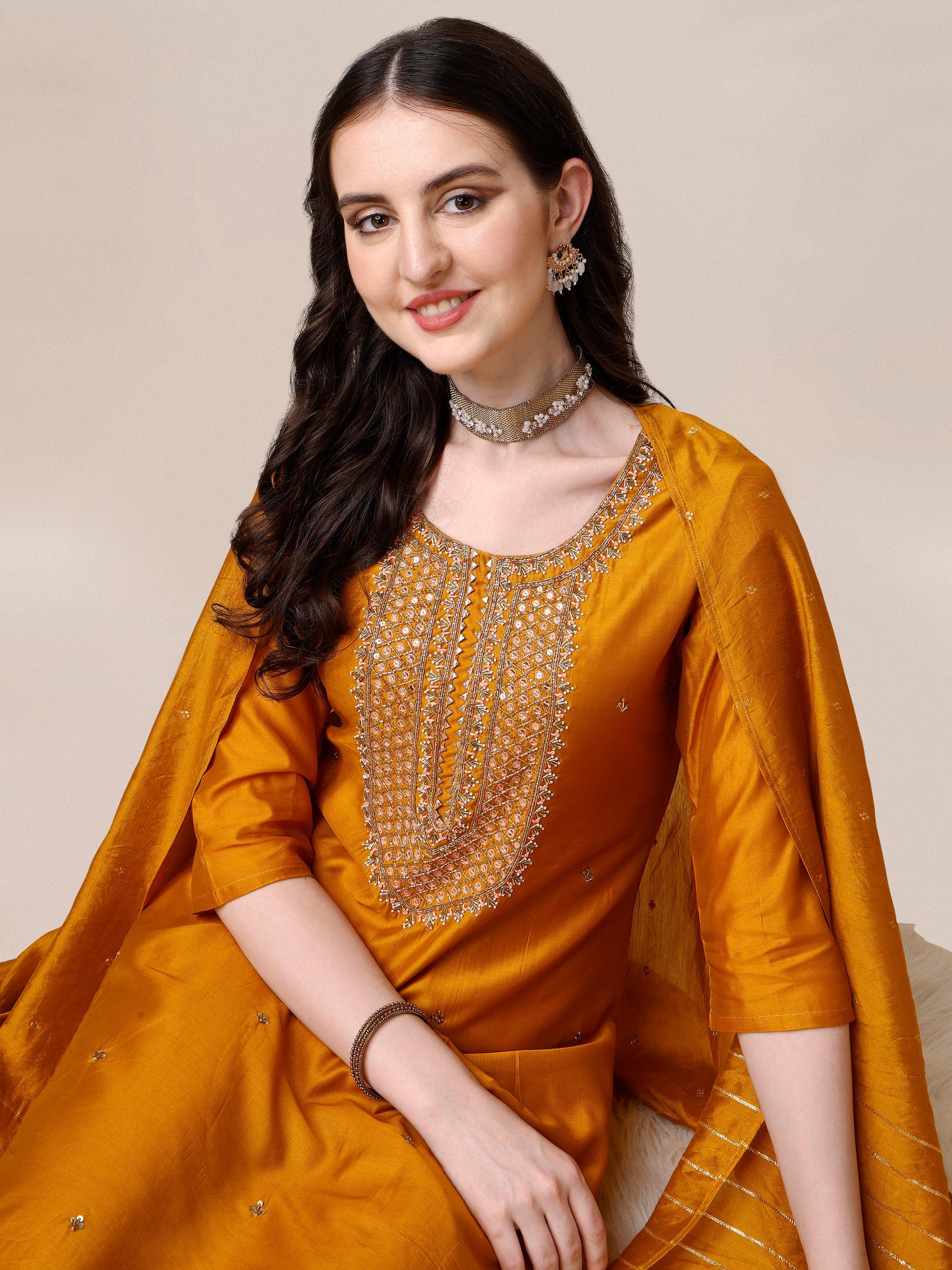 Hand Embroidered Kurta With Pant And Dupatta Set, Multicolor - Hiral Fashion | Grocsy