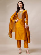 Hand Embroidered Kurta With Pant And Dupatta Set, Multicolor - Hiral Fashion | Grocsy