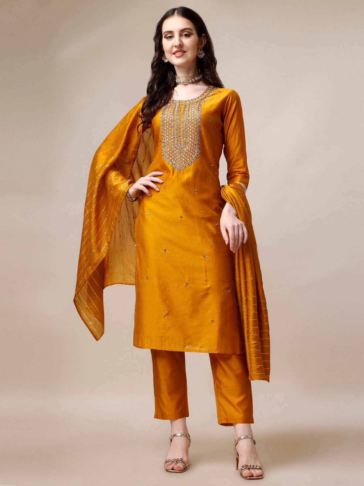 Hand Embroidered Kurta With Pant And Dupatta Set, Multicolor - Hiral Fashion | Grocsy