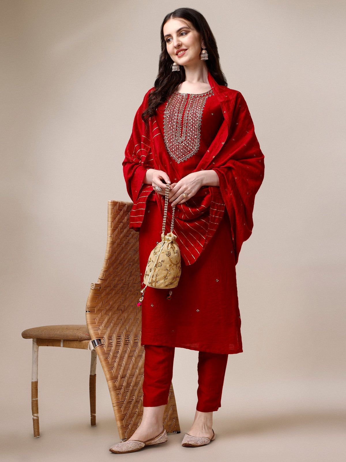 Hand Embroidered Kurta With Pant And Dupatta Set, Multicolor - Hiral Fashion | Grocsy
