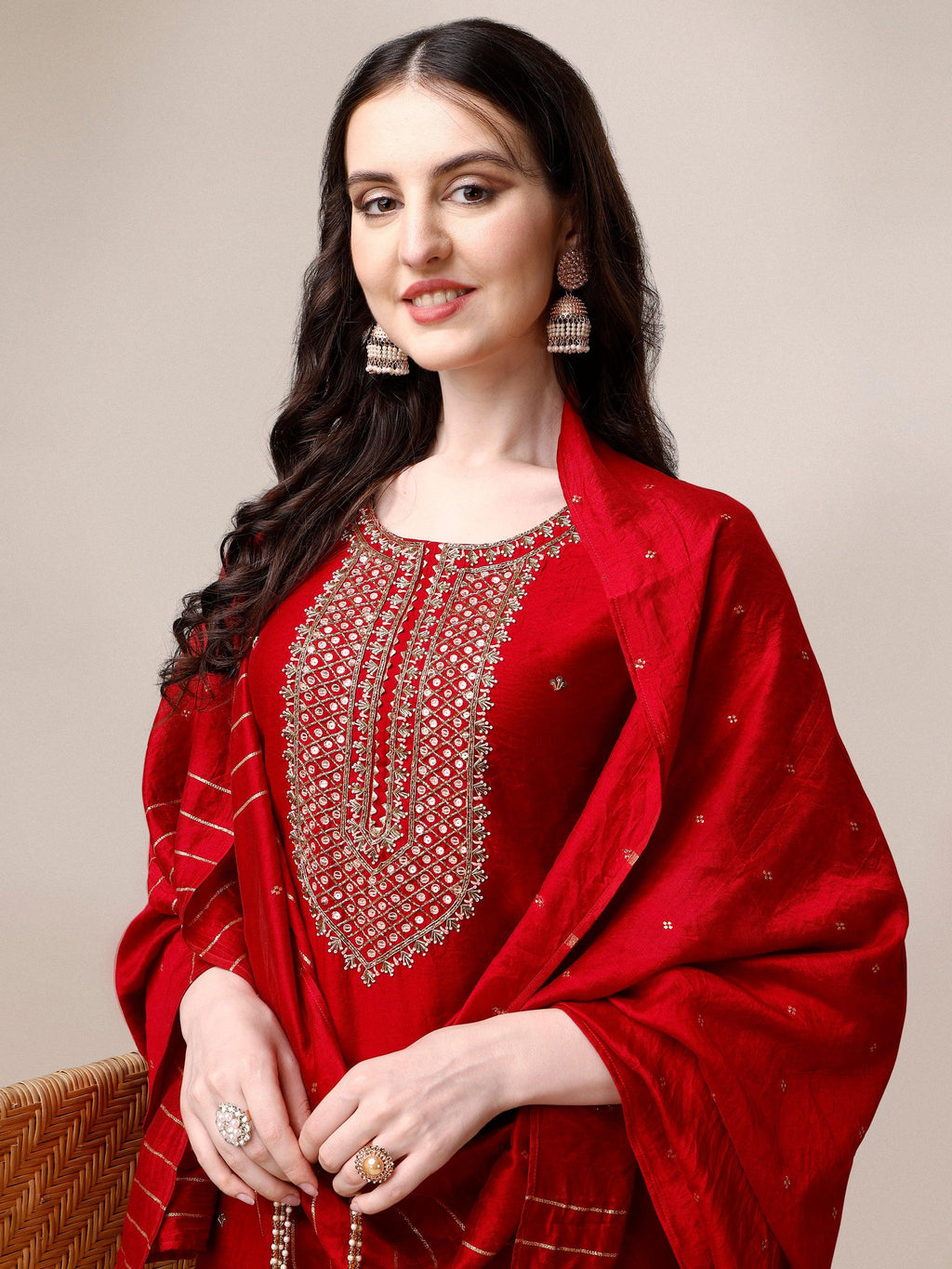 Hand Embroidered Kurta With Pant And Dupatta Set, Multicolor - Hiral Fashion | Grocsy
